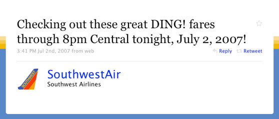 Southest Airlines First Twitter Post